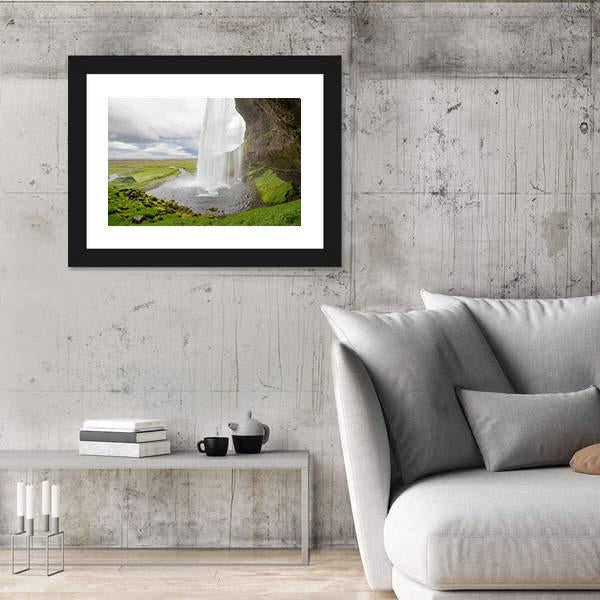 Waterfall In Iceland Between Mountains From River Spring Canvas Wall Art-3 Horizontal-Gallery Wrap-25" x 16"-Tiaracle