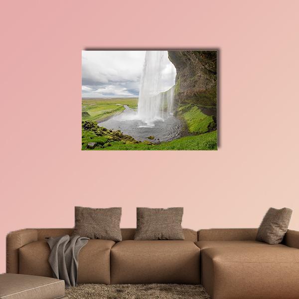 Waterfall In Iceland Between Mountains From River Spring Canvas Wall Art-1 Piece-Gallery Wrap-48" x 32"-Tiaracle