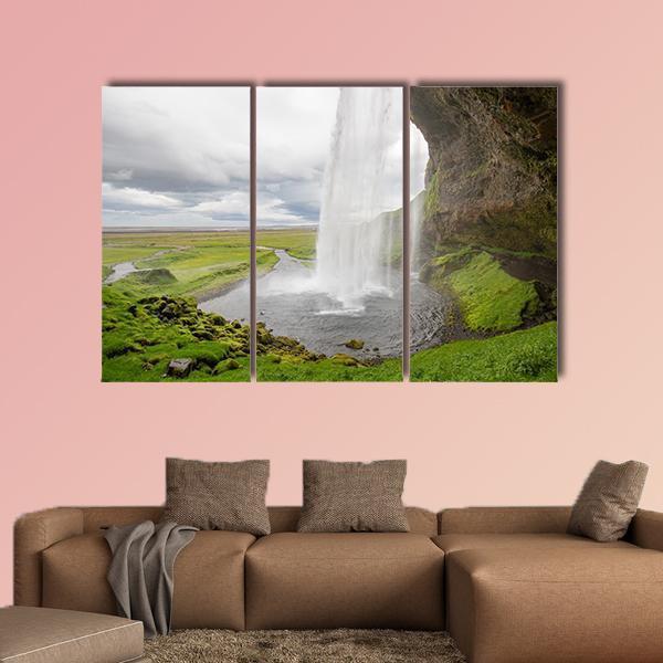 Waterfall In Iceland Between Mountains From River Spring Canvas Wall Art-3 Horizontal-Gallery Wrap-37" x 24"-Tiaracle