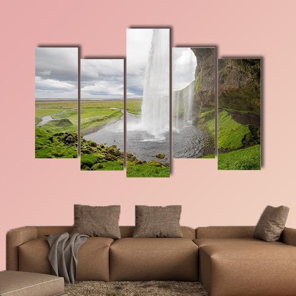 Waterfall In Iceland Between Mountains From River Spring Canvas Wall Art-5 Pop-Gallery Wrap-47" x 32"-Tiaracle