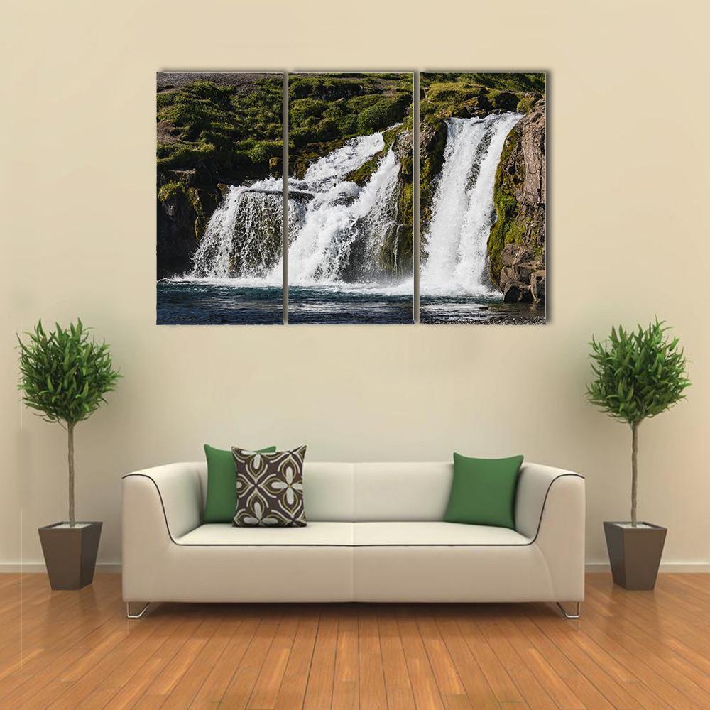 Waterfall In Iceland Canvas Wall Art-3 Horizontal-Gallery Wrap-37" x 24"-Tiaracle