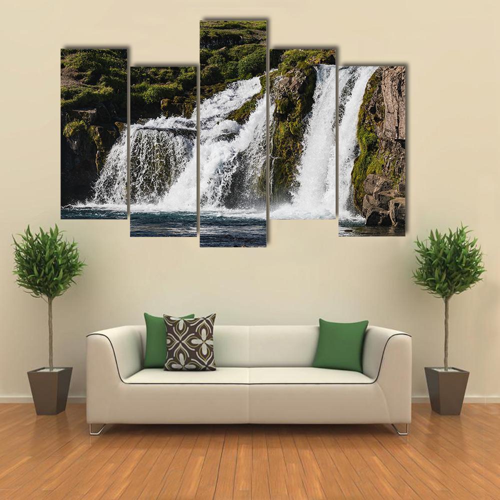 Waterfall In Iceland Canvas Wall Art-5 Pop-Gallery Wrap-47" x 32"-Tiaracle