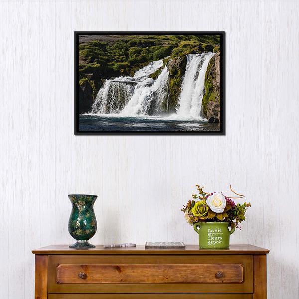 Waterfall In Iceland Canvas Wall Art-1 Piece-Floating Frame-24" x 16"-Tiaracle