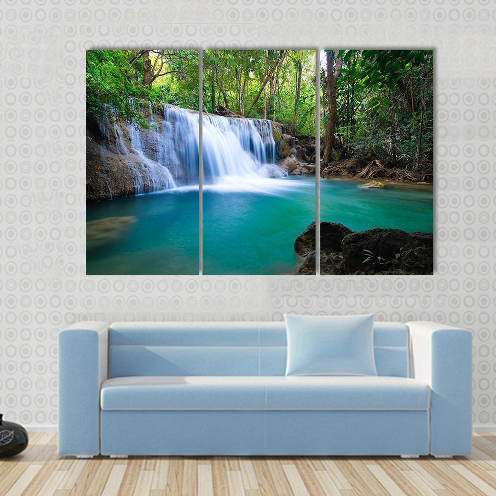 Waterfall In Kanchanaburi Canvas Wall Art-3 Horizontal-Gallery Wrap-37" x 24"-Tiaracle