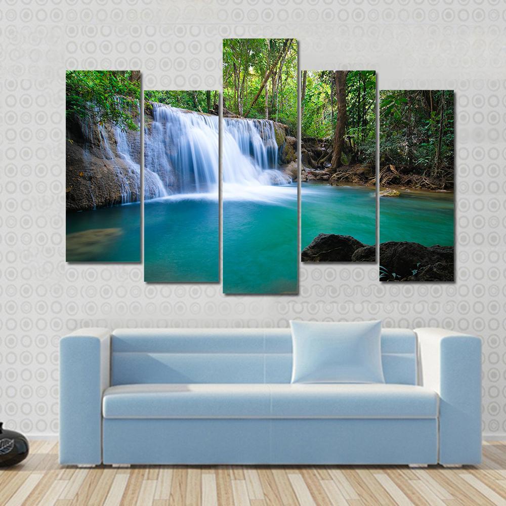 Waterfall In Kanchanaburi Canvas Wall Art-5 Pop-Gallery Wrap-47" x 32"-Tiaracle