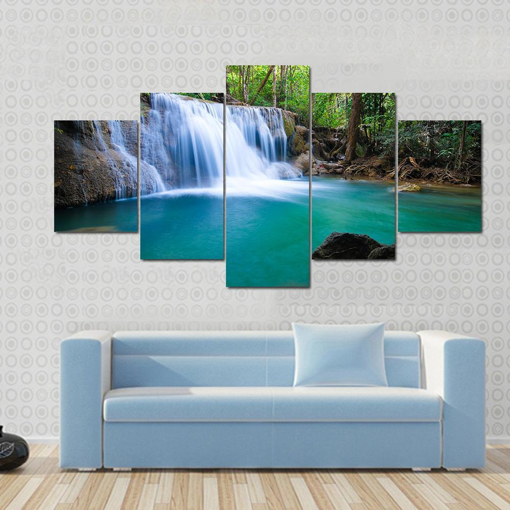 Waterfall In Kanchanaburi Canvas Wall Art-5 Star-Gallery Wrap-62" x 32"-Tiaracle