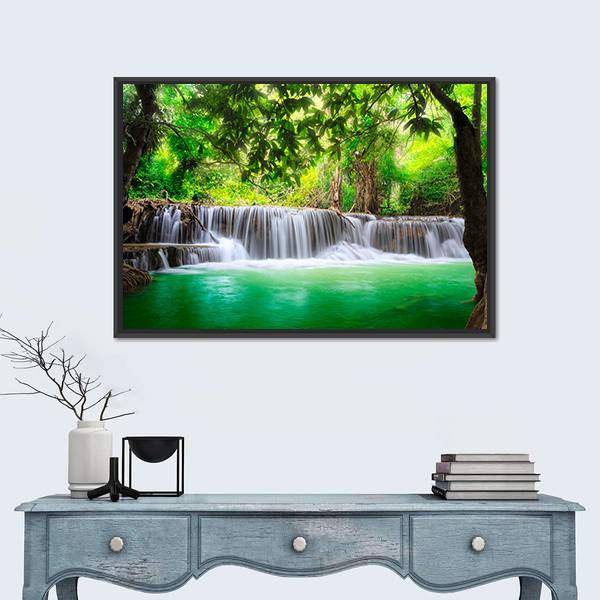 Waterfall In Kanjanaburi Canvas Wall Art-1 Piece-Floating Frame-24" x 16"-Tiaracle