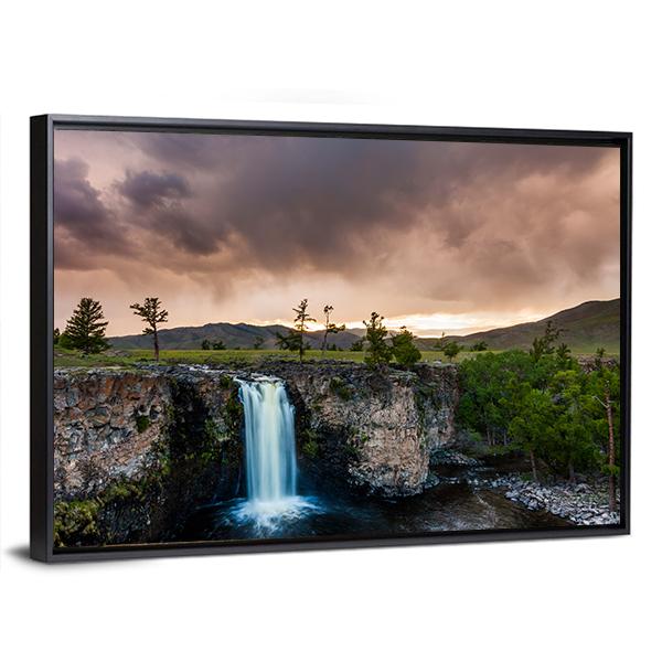 Waterfall In Mongolia Vertical Canvas Wall Art-3 Vertical-Gallery Wrap-12" x 25"-Tiaracle