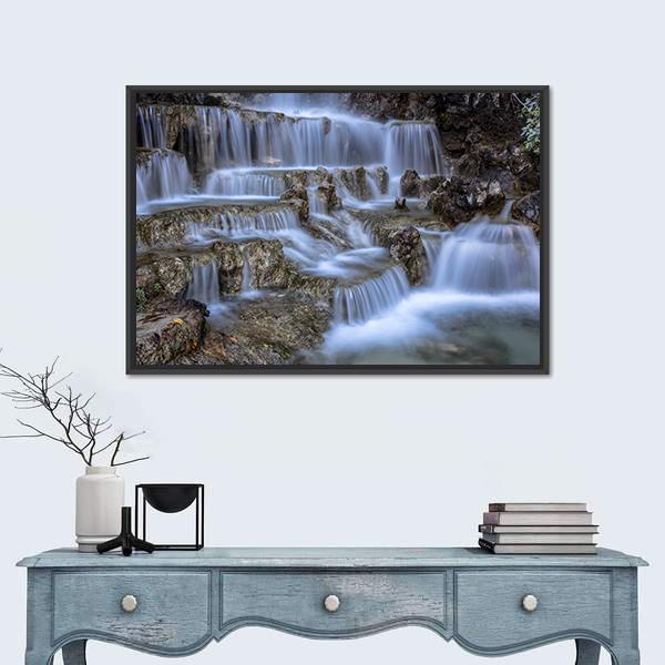 Waterfall In Park Canvas Wall Art-1 Piece-Floating Frame-24" x 16"-Tiaracle
