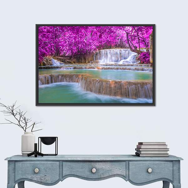 Waterfall In Rain Forest Canvas Wall Art-1 Piece-Floating Frame-24" x 16"-Tiaracle