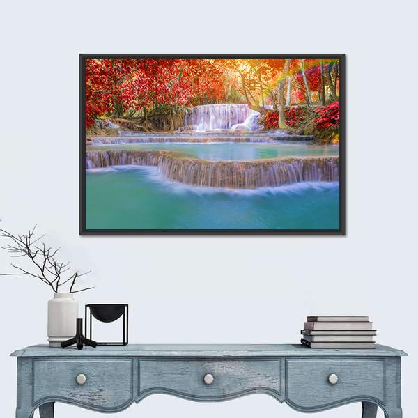 Waterfall In Rain Forest Canvas Wall Art-1 Piece-Floating Frame-24" x 16"-Tiaracle