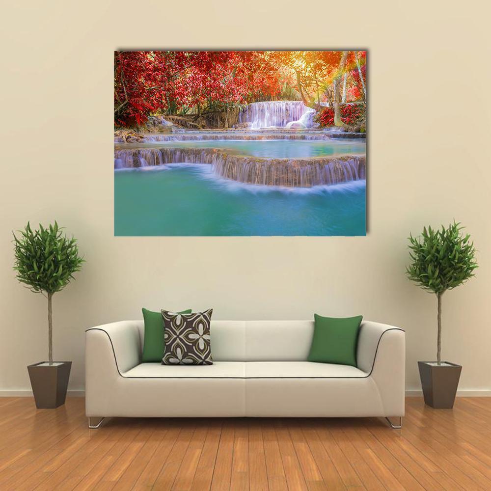 Waterfall In Rain Forest Canvas Wall Art-4 Horizontal-Gallery Wrap-34" x 24"-Tiaracle