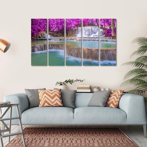 Waterfall In Rain Forest Canvas Wall Art-5 Horizontal-Gallery Wrap-22" x 12"-Tiaracle