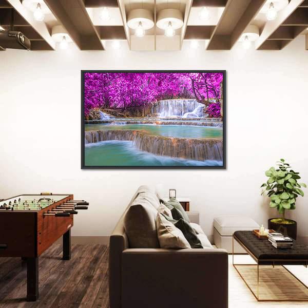 Waterfall In Rain Forest Canvas Wall Art-3 Horizontal-Gallery Wrap-25" x 16"-Tiaracle