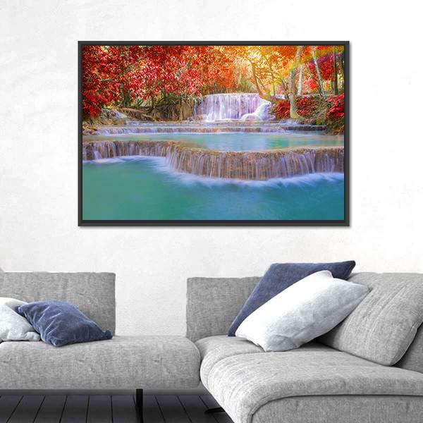 Waterfall In Rain Forest Canvas Wall Art-3 Horizontal-Gallery Wrap-25" x 16"-Tiaracle
