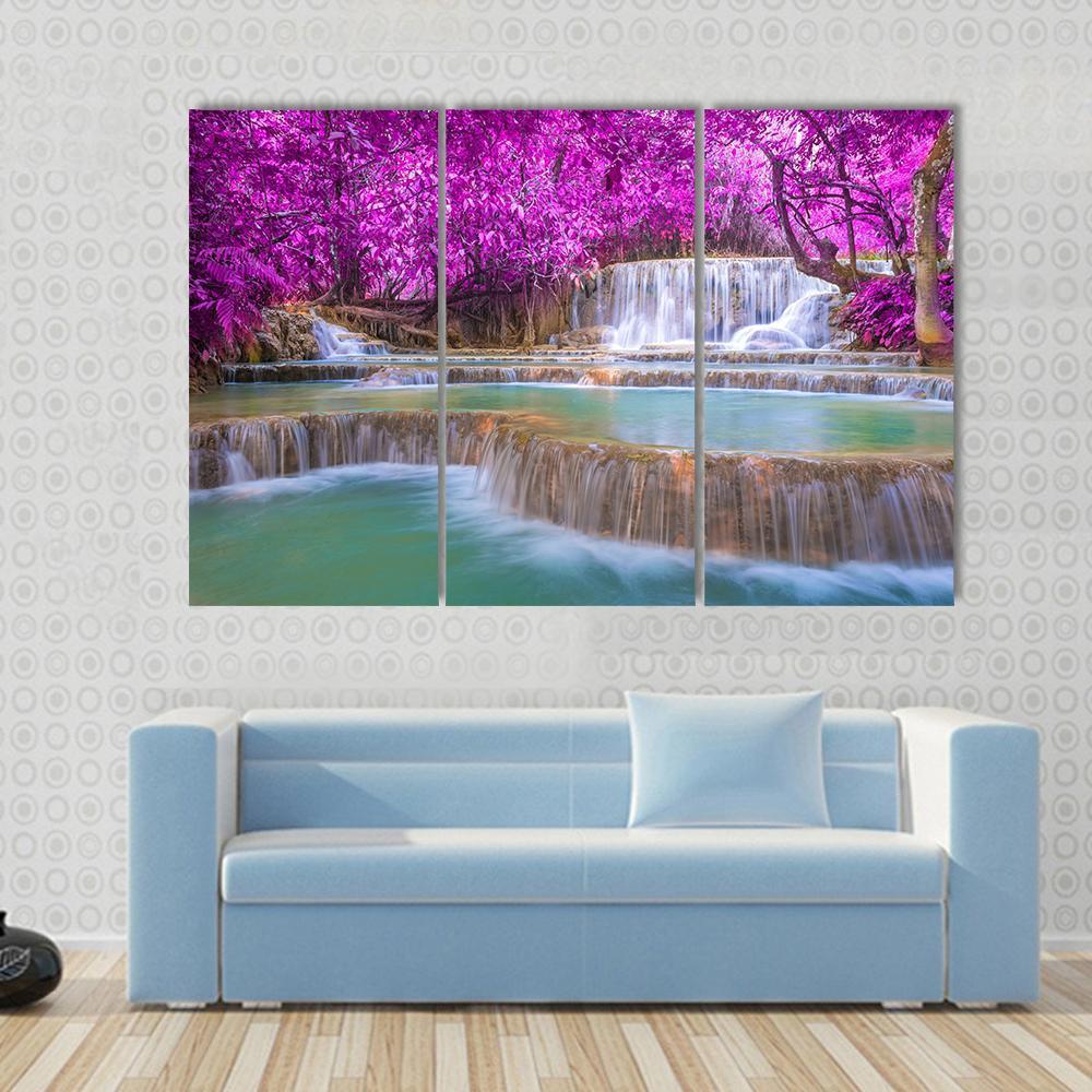 Waterfall In Rain Forest Canvas Wall Art-3 Horizontal-Gallery Wrap-37" x 24"-Tiaracle