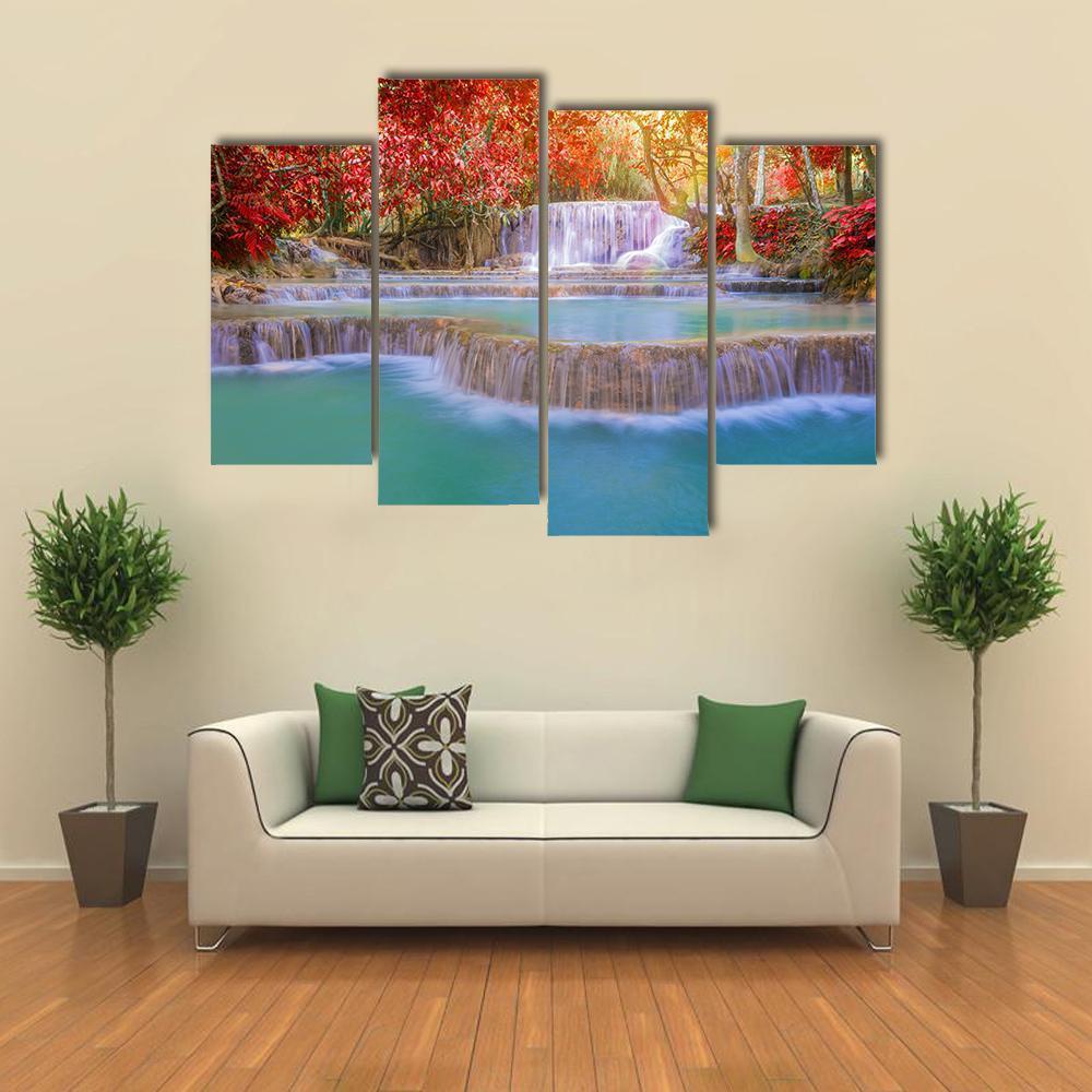 Waterfall In Rain Forest Canvas Wall Art-4 Pop-Gallery Wrap-50" x 32"-Tiaracle