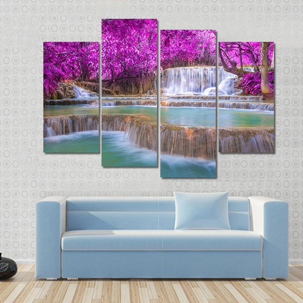 Waterfall In Rain Forest Canvas Wall Art-4 Pop-Gallery Wrap-50" x 32"-Tiaracle