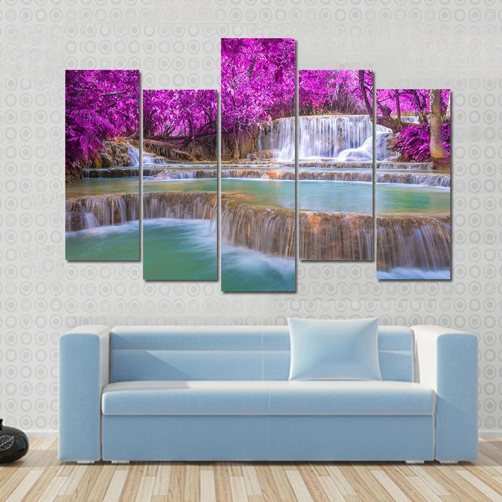 Waterfall In Rain Forest Canvas Wall Art-5 Pop-Gallery Wrap-47" x 32"-Tiaracle