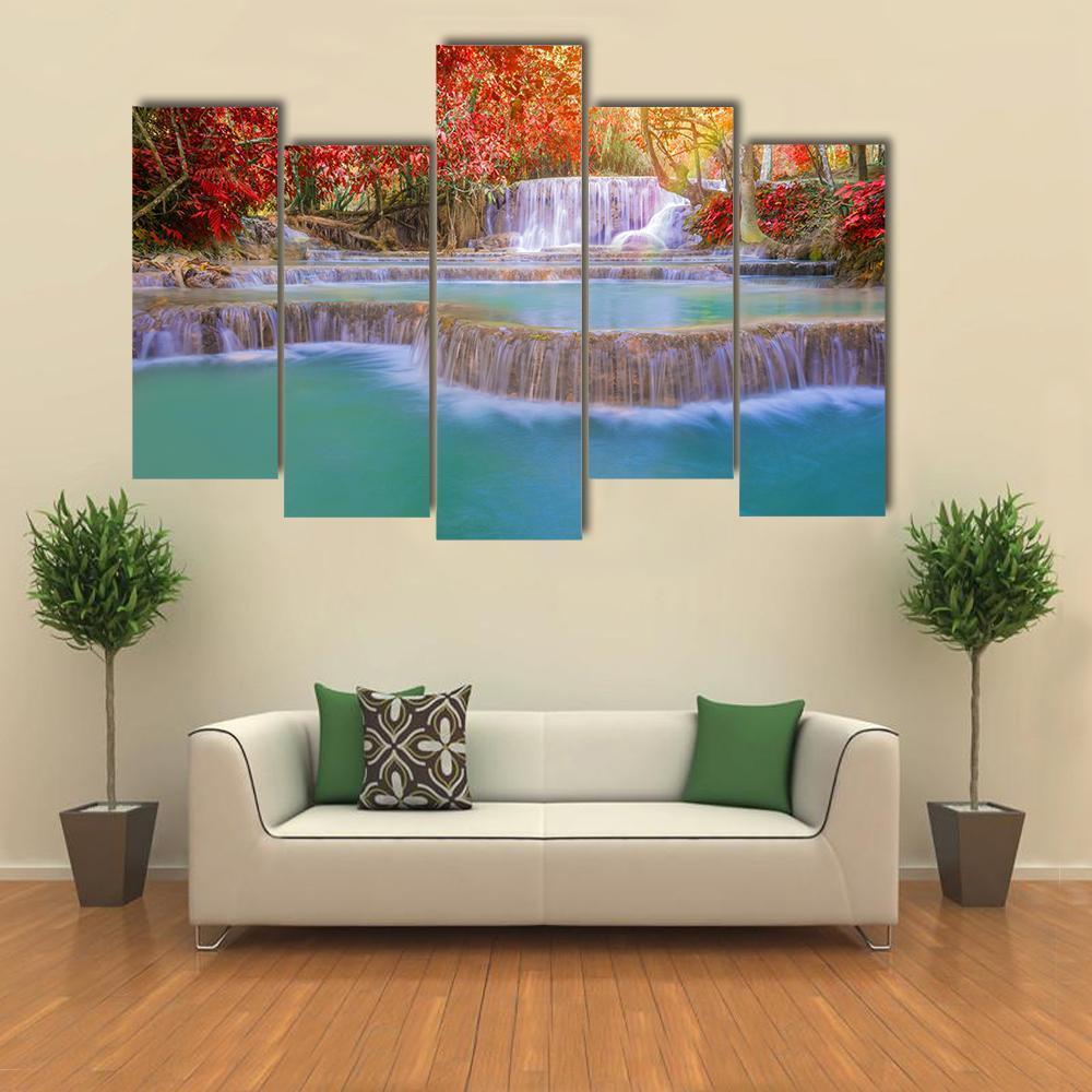 Waterfall In Rain Forest Canvas Wall Art-5 Pop-Gallery Wrap-47" x 32"-Tiaracle