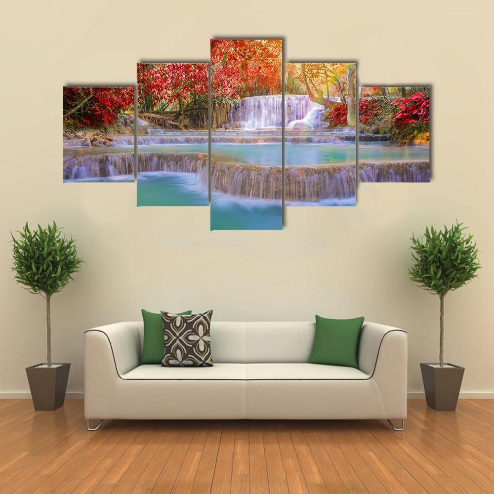 Waterfall In Rain Forest Canvas Wall Art-5 Star-Gallery Wrap-62" x 32"-Tiaracle