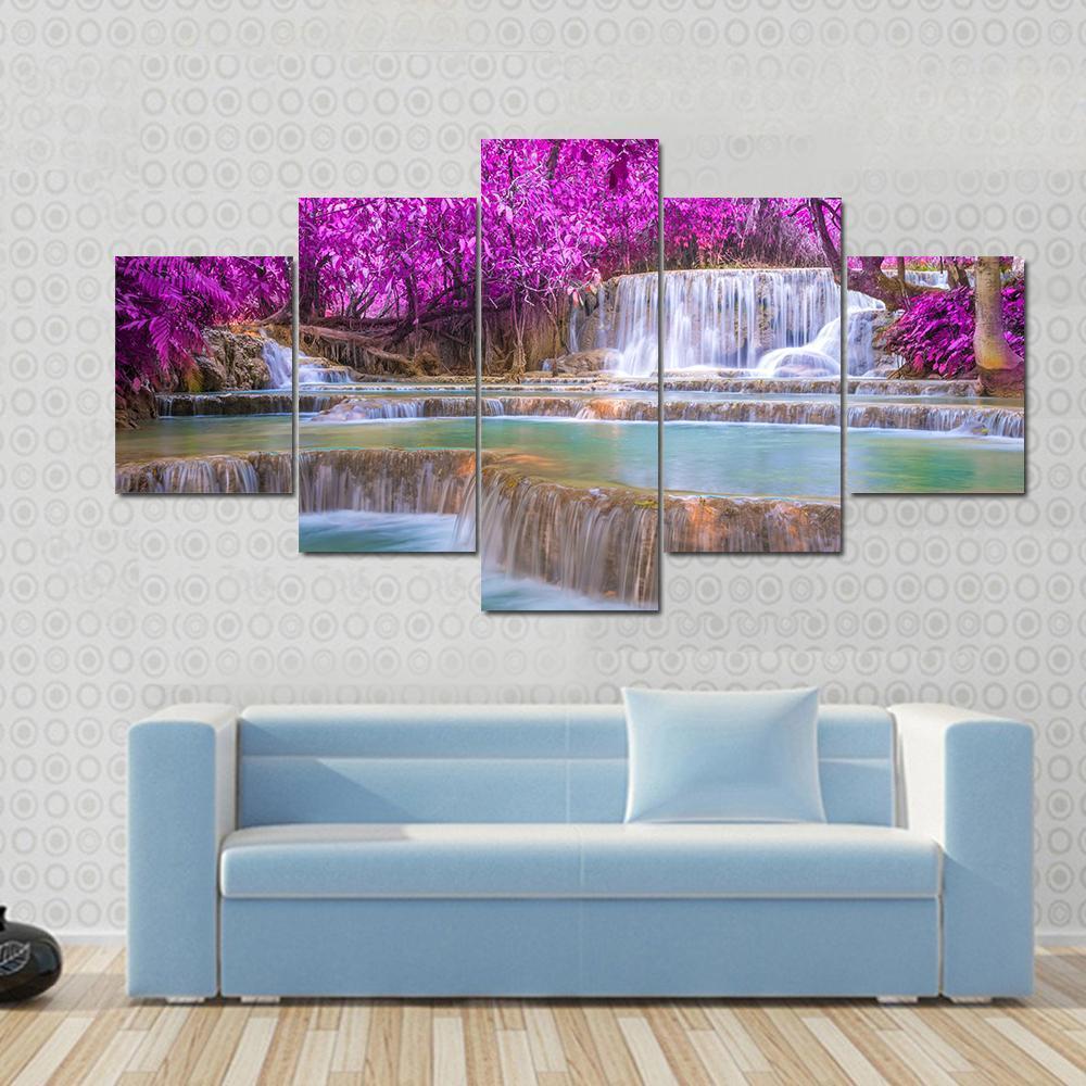 Waterfall In Rain Forest Canvas Wall Art-4 Pop-Gallery Wrap-50" x 32"-Tiaracle