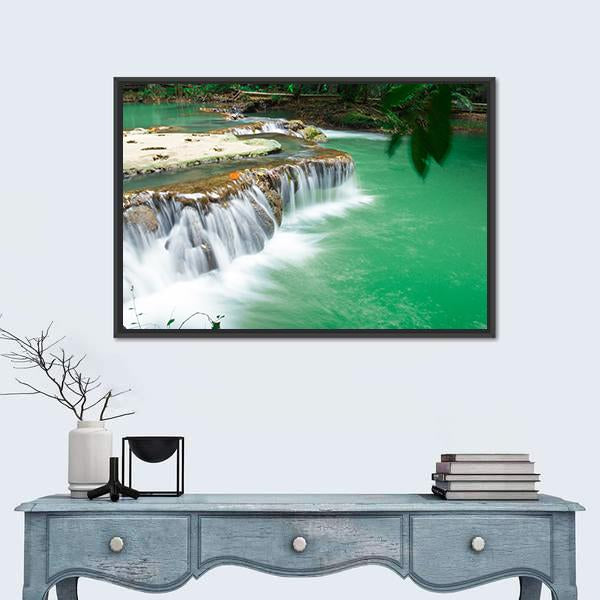 Waterfall In Rain Jungle Forest Canvas Wall Art-1 Piece-Floating Frame-24" x 16"-Tiaracle