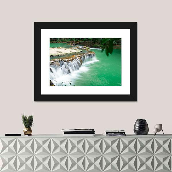 Waterfall In Rain Jungle Forest Canvas Wall Art-1 Piece-Framed Print-20" x 16"-Tiaracle