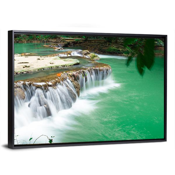 Waterfall In Rain Jungle Forest Canvas Wall Art-3 Horizontal-Gallery Wrap-25" x 16"-Tiaracle