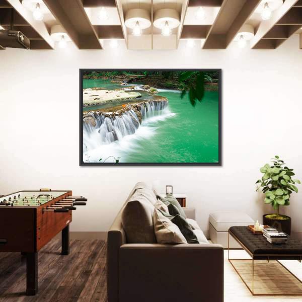 Waterfall In Rain Jungle Forest Canvas Wall Art-3 Horizontal-Gallery Wrap-25" x 16"-Tiaracle