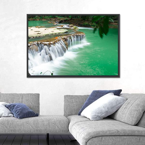 Waterfall In Rain Jungle Forest Canvas Wall Art-3 Horizontal-Gallery Wrap-25" x 16"-Tiaracle