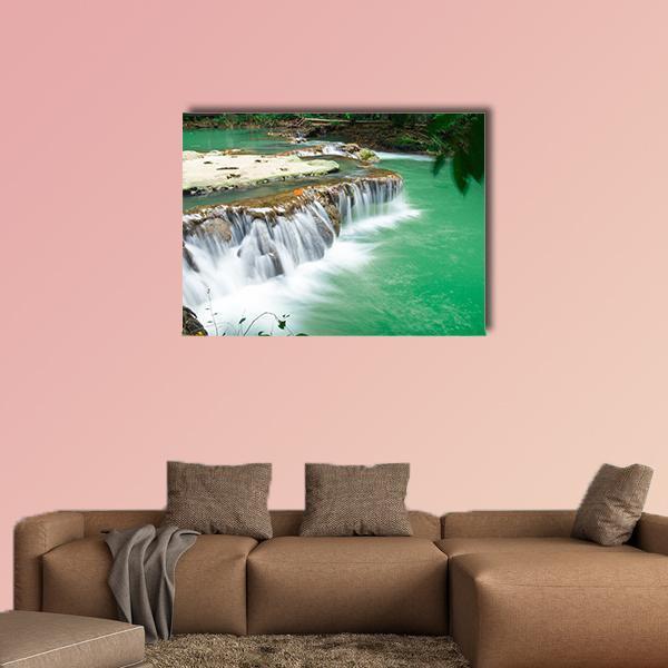 Waterfall In Rain Jungle Forest Canvas Wall Art-1 Piece-Gallery Wrap-48" x 32"-Tiaracle