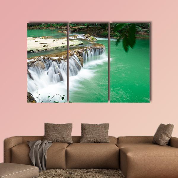 Waterfall In Rain Jungle Forest Canvas Wall Art-3 Horizontal-Gallery Wrap-37" x 24"-Tiaracle