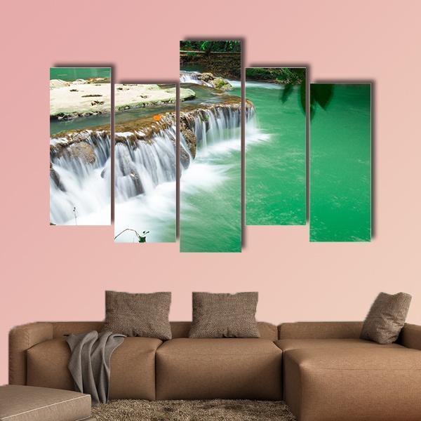 Waterfall In Rain Jungle Forest Canvas Wall Art-5 Pop-Gallery Wrap-47" x 32"-Tiaracle