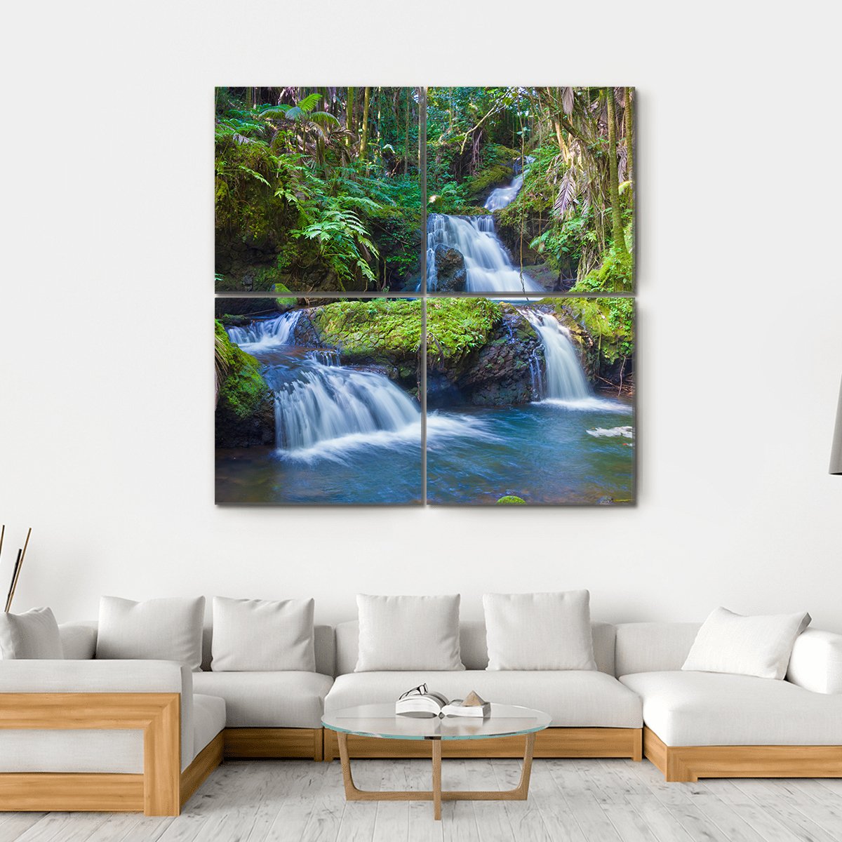 Waterfall In Rainforest Hawaii Canvas Wall Art-4 Square-Gallery Wrap-17" x 17"-Tiaracle