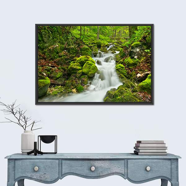 Waterfall In Slovakia Canvas Wall Art-1 Piece-Floating Frame-24" x 16"-Tiaracle
