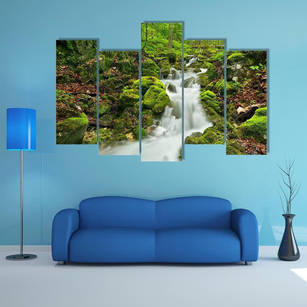Waterfall In Slovakia Canvas Wall Art-5 Pop-Gallery Wrap-47" x 32"-Tiaracle
