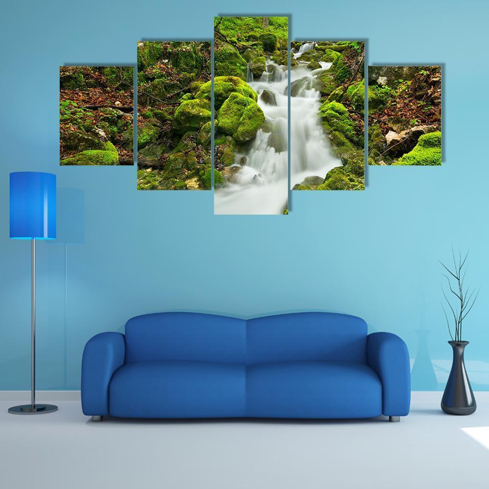 Waterfall In Slovakia Canvas Wall Art-5 Star-Gallery Wrap-62" x 32"-Tiaracle