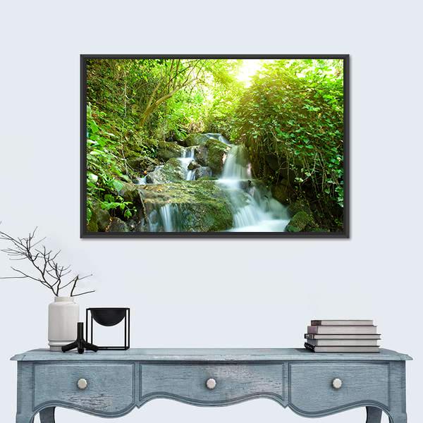 Waterfall In Small Forest Canvas Wall Art-1 Piece-Floating Frame-24" x 16"-Tiaracle
