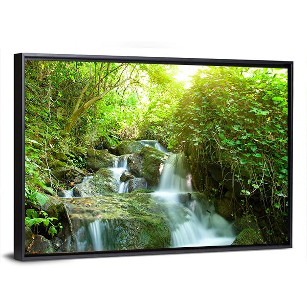 Waterfall In Small Forest Canvas Wall Art-3 Horizontal-Gallery Wrap-25" x 16"-Tiaracle