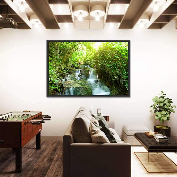 Waterfall In Small Forest Canvas Wall Art-3 Horizontal-Gallery Wrap-25" x 16"-Tiaracle