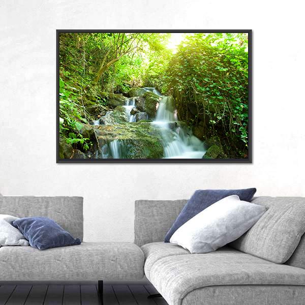 Waterfall In Small Forest Canvas Wall Art-3 Horizontal-Gallery Wrap-25" x 16"-Tiaracle