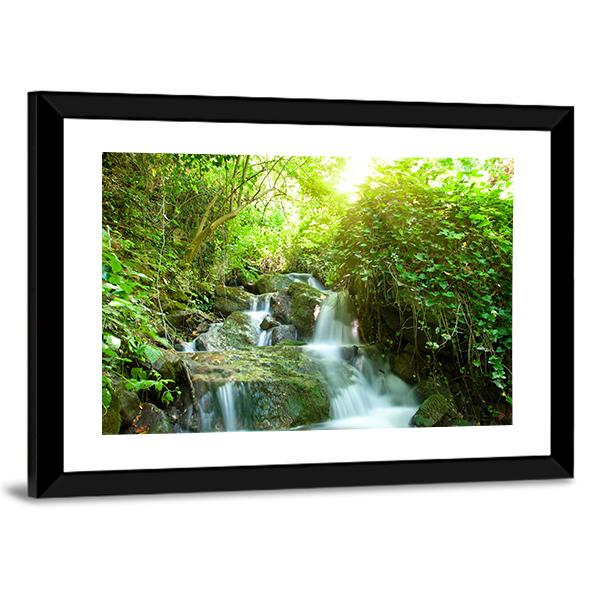 Waterfall In Small Forest Canvas Wall Art-3 Horizontal-Gallery Wrap-25" x 16"-Tiaracle