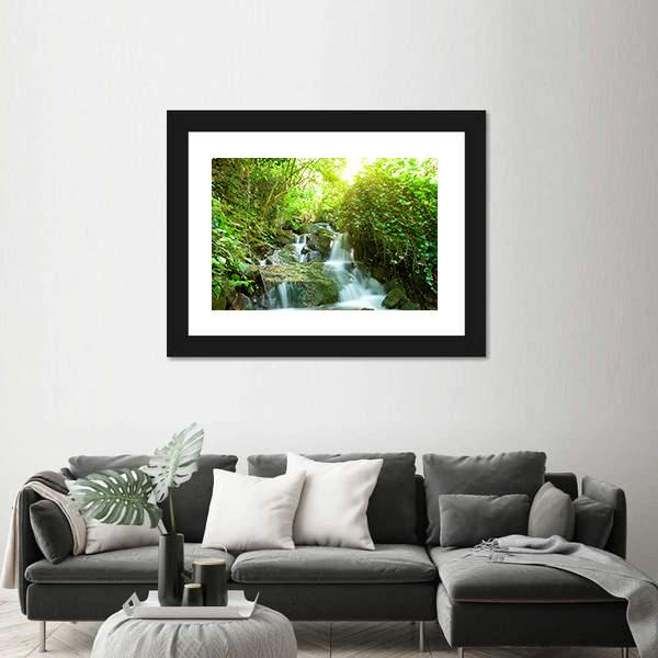 Waterfall In Small Forest Canvas Wall Art-3 Horizontal-Gallery Wrap-25" x 16"-Tiaracle