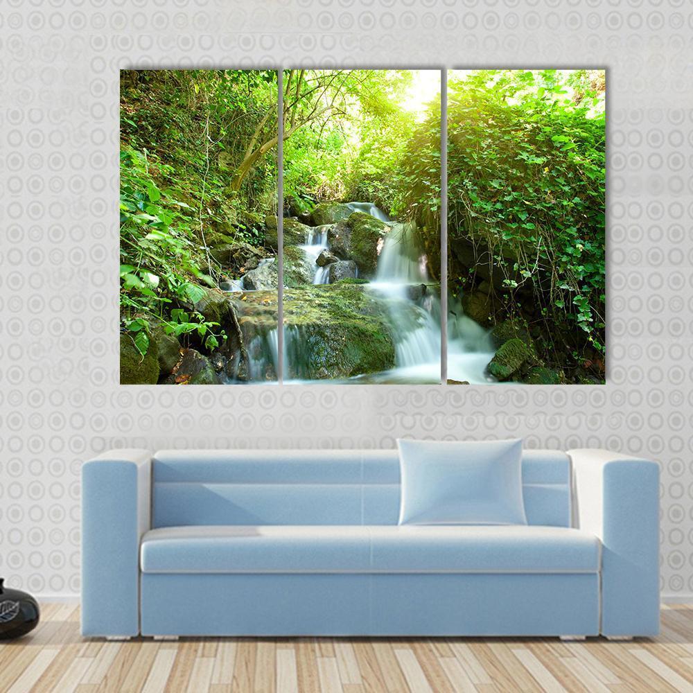 Waterfall In Small Forest Canvas Wall Art-3 Horizontal-Gallery Wrap-37" x 24"-Tiaracle