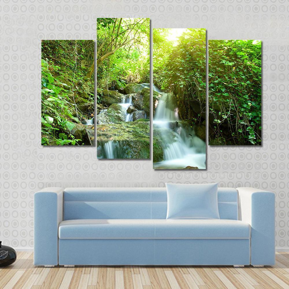 Waterfall In Small Forest Canvas Wall Art-4 Pop-Gallery Wrap-50" x 32"-Tiaracle