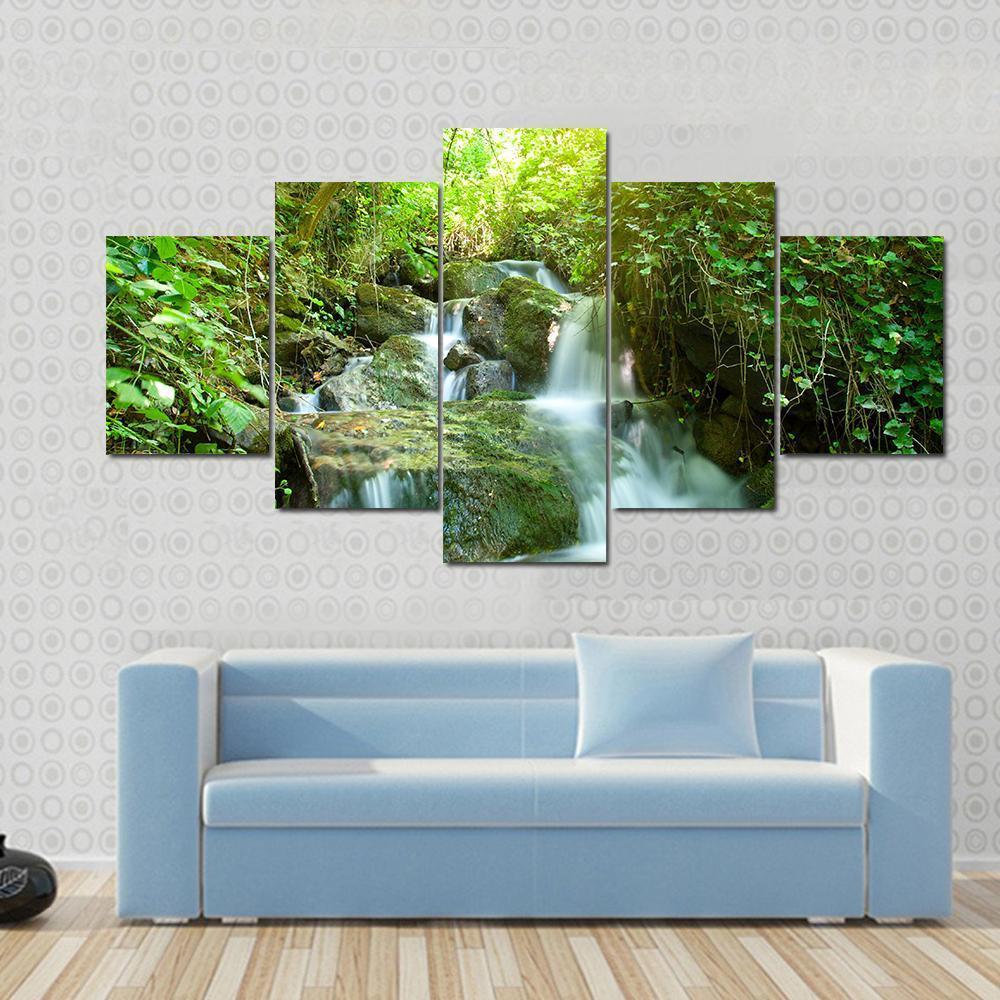 Waterfall In Small Forest Canvas Wall Art-5 Star-Gallery Wrap-62" x 32"-Tiaracle