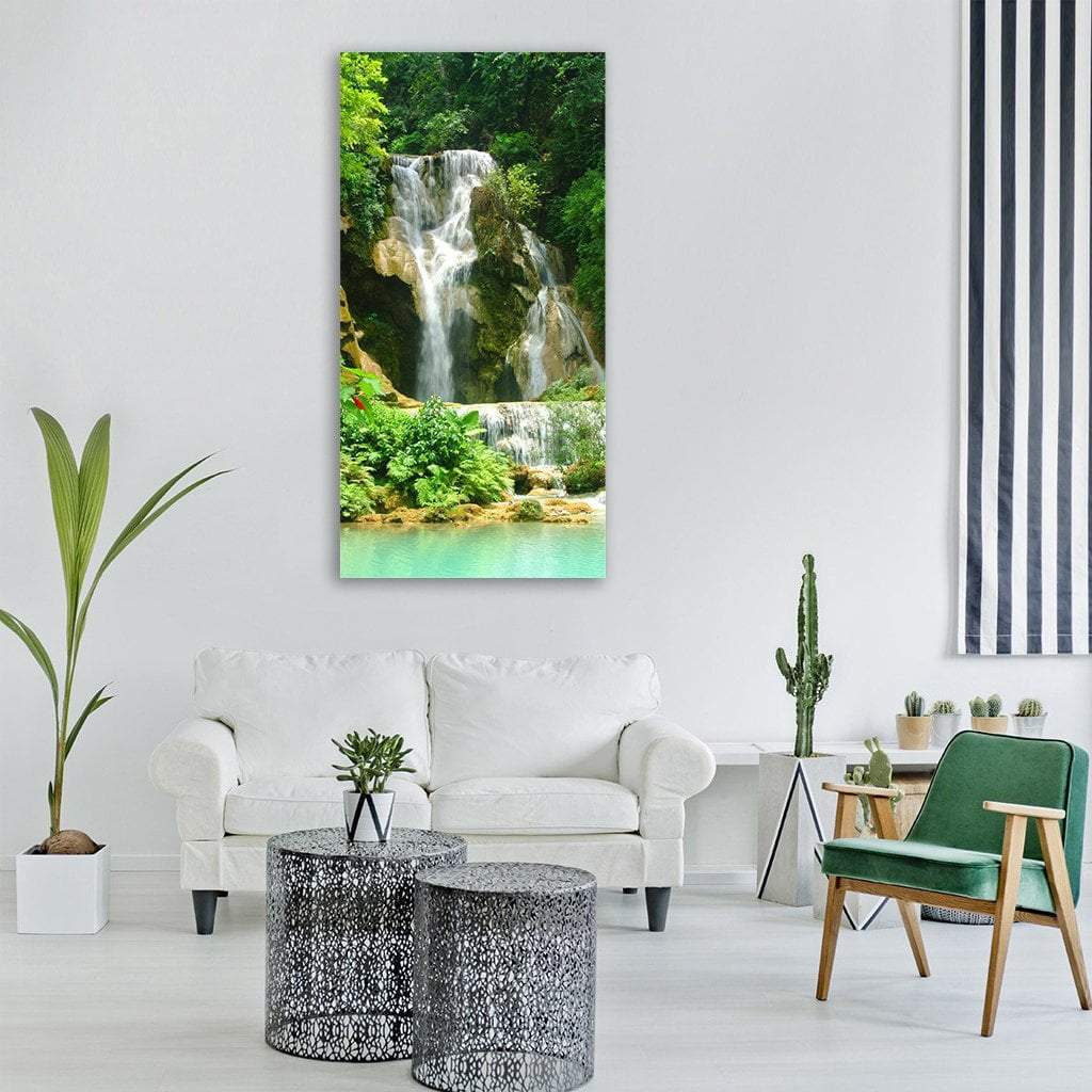 Waterfall In Summer Forest Vertical Canvas Wall Art-1 Vertical-Gallery Wrap-12" x 24"-Tiaracle