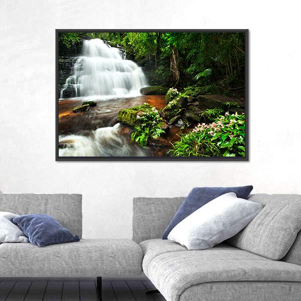Waterfall In Thai National Park Canvas Wall Art-3 Horizontal-Gallery Wrap-25" x 16"-Tiaracle