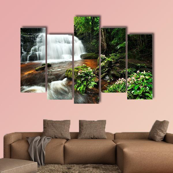 Waterfall In Thai National Park Canvas Wall Art-5 Pop-Gallery Wrap-47" x 32"-Tiaracle